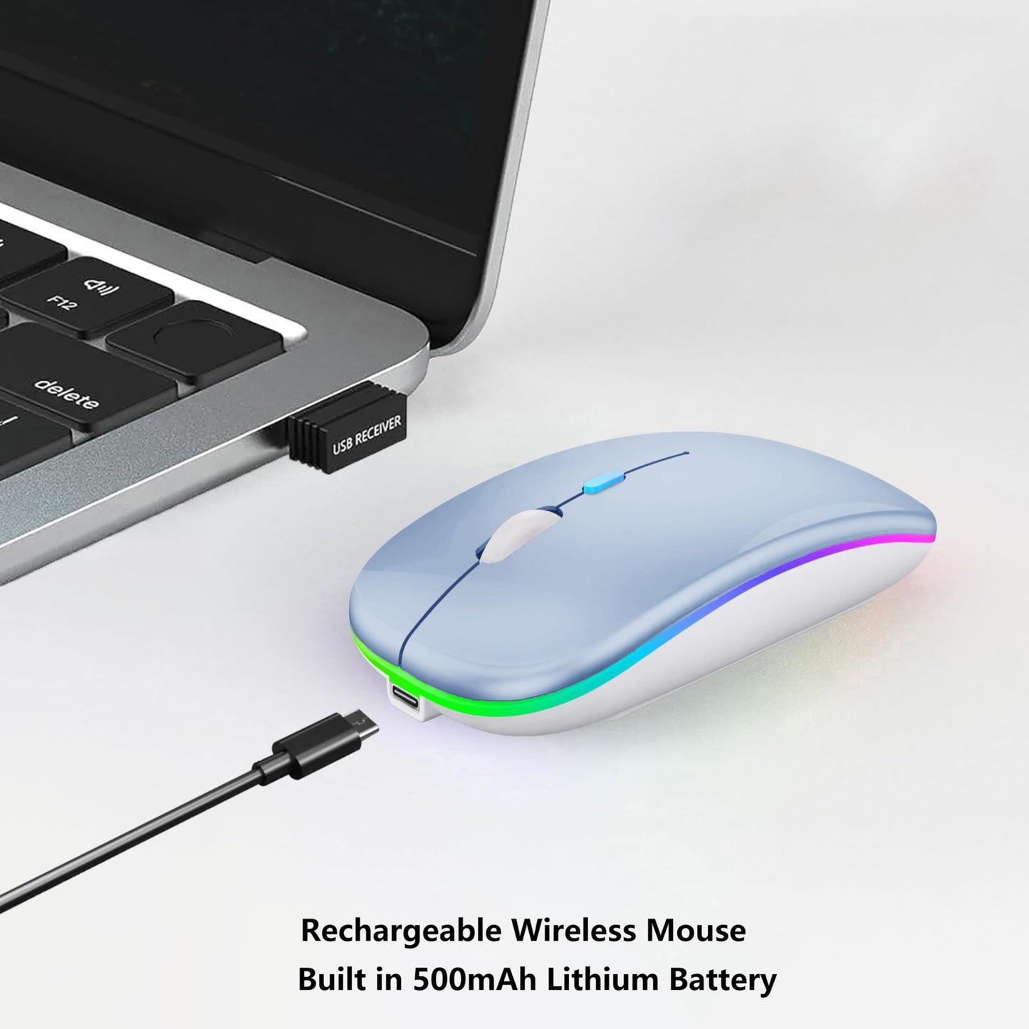 Wireless Bluetooth Mouse Rechargeable Laptop Mice with LED Lights Silent Slim Use(BT5.2 and 2.4G Portable USB Receiver)Dual Mode Computer Mouse for Laptop/iPad/Tablet/Apple/Computer/Mac(Black)