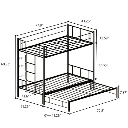 KavlSean Twin Over King Bunk Bed with Safety Guardrail, Metal Pull-Out Bunk Bed Frame with Built-in Ladder, No Box Spring Needed, Extendable Beds for Kids/Teen/Adults, Bedroom, Dorm