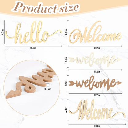 Joyavo Welcome Hello Unfinished Wooden Letters Wood Cutout Signs for Wreath Blank Decorative Word Signs for Crafts/Painting/Wall Decor/Letter Board/DIY (5PCS)