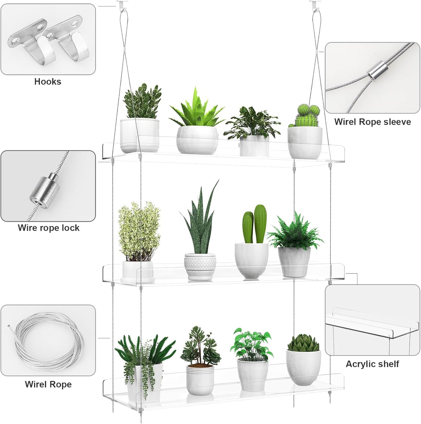ZerzSemp 3-Tier 16 Inch Hanging Clear Plant Shelves for Windows, Acrylic Window Wall Plant Stand Shelf for Kitchen