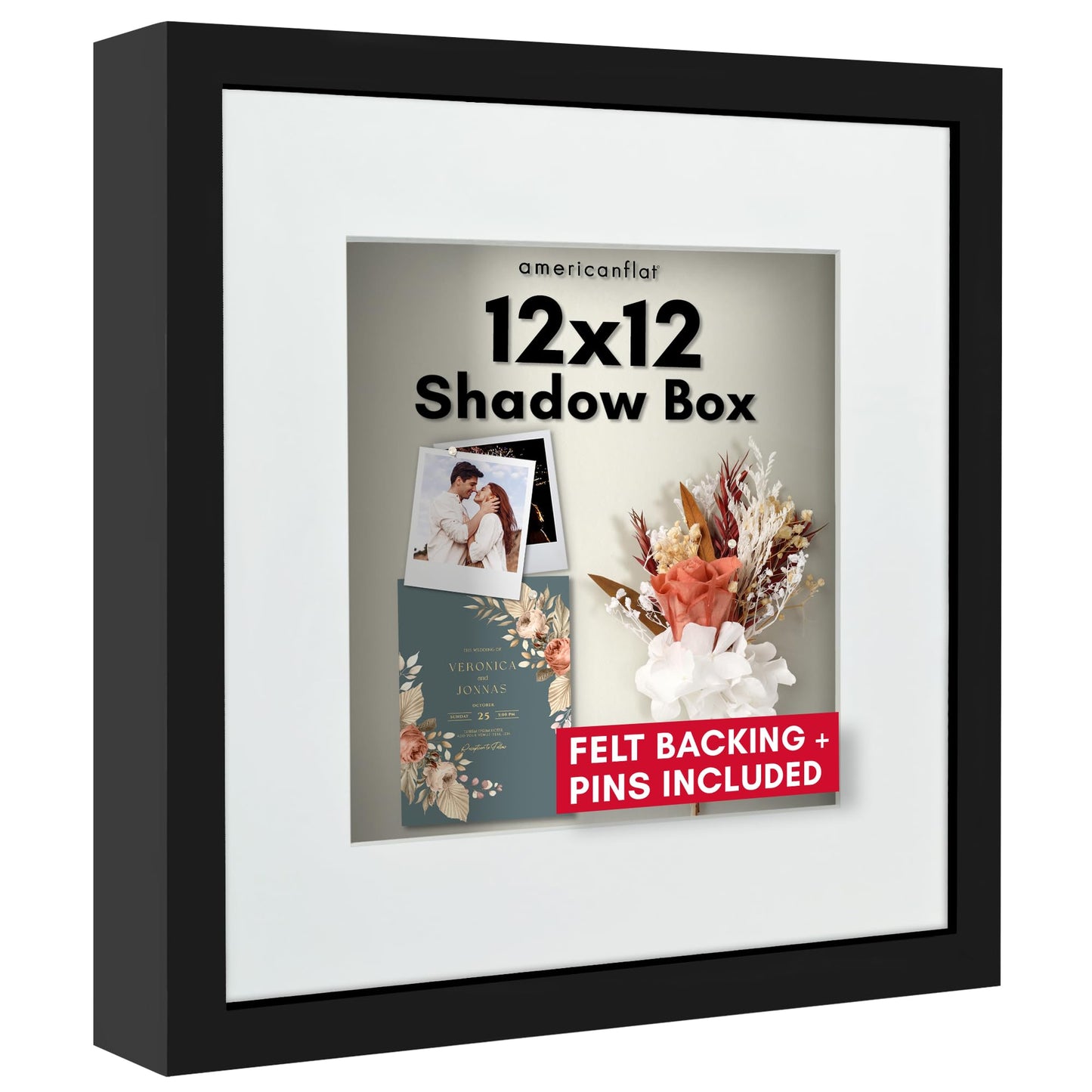 Americanflat 12x12 Shadow Box Frame with Shatter-Resistant Glass - Use as 10x10 Frame with Mat or 12x12 Without Mat - Silhouette Collection - Black with Soft Felt Back