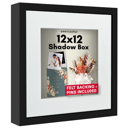 Americanflat 12x12 Shadow Box Frame with Shatter-Resistant Glass - Use as 10x10 Frame with Mat or 12x12 Without Mat - Silhouette Collection - Black with Soft Felt Back