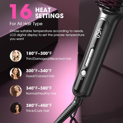 MiroPure Hair Straightener Brush with Plasma Technique, Ceramic Straightening Brush with 16 Temp Settings 30s Fast Heating, Hair Straightener Comb for Women with LED Display & Dual Voltage, Black