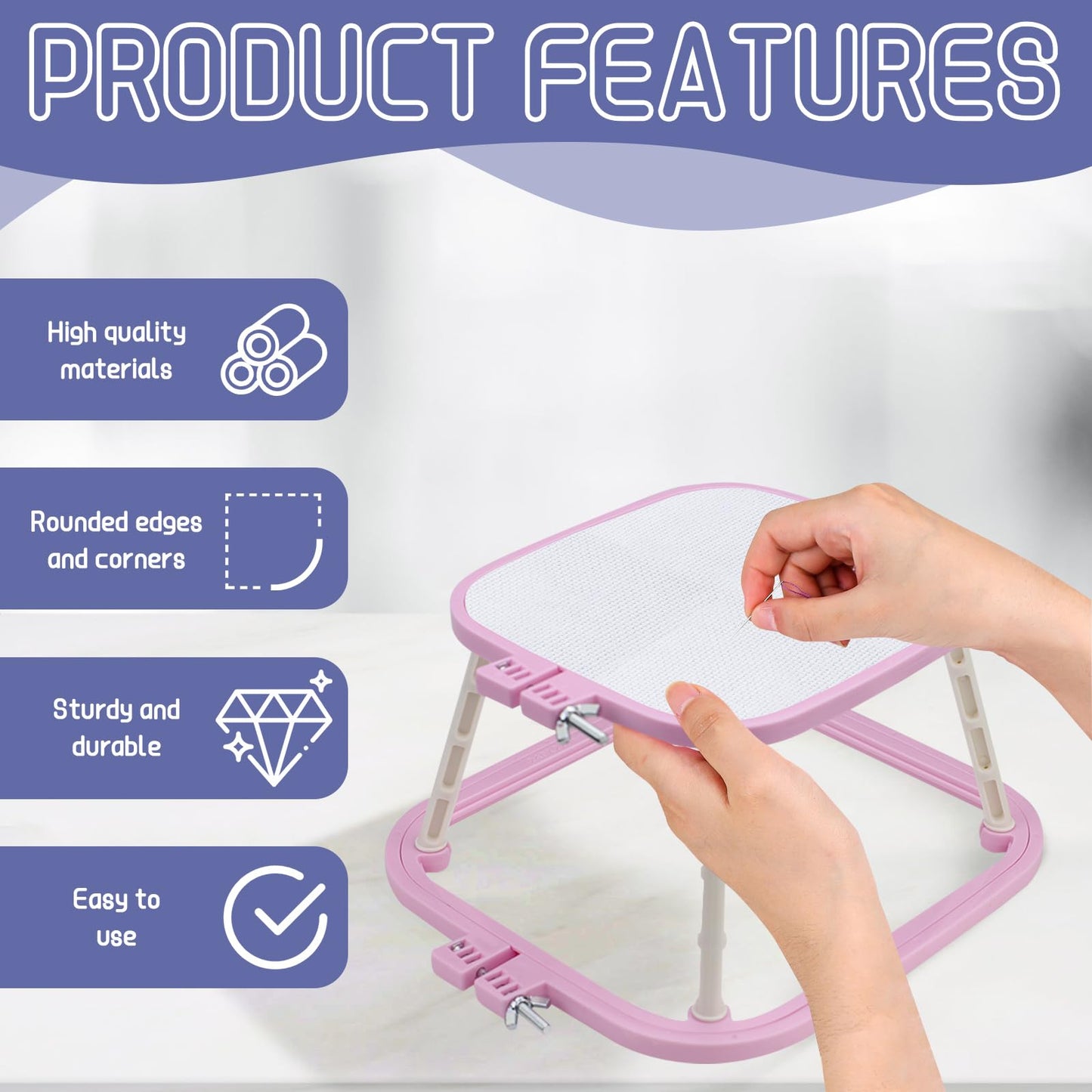 2-Layer Small Embroidery Hoop Stand, Square Hands Free Embroidery Frame for DIY Crafts, ABS Plastic Cross Stitch Hoop Holder for Craft Sewing, Needlework (Purple)
