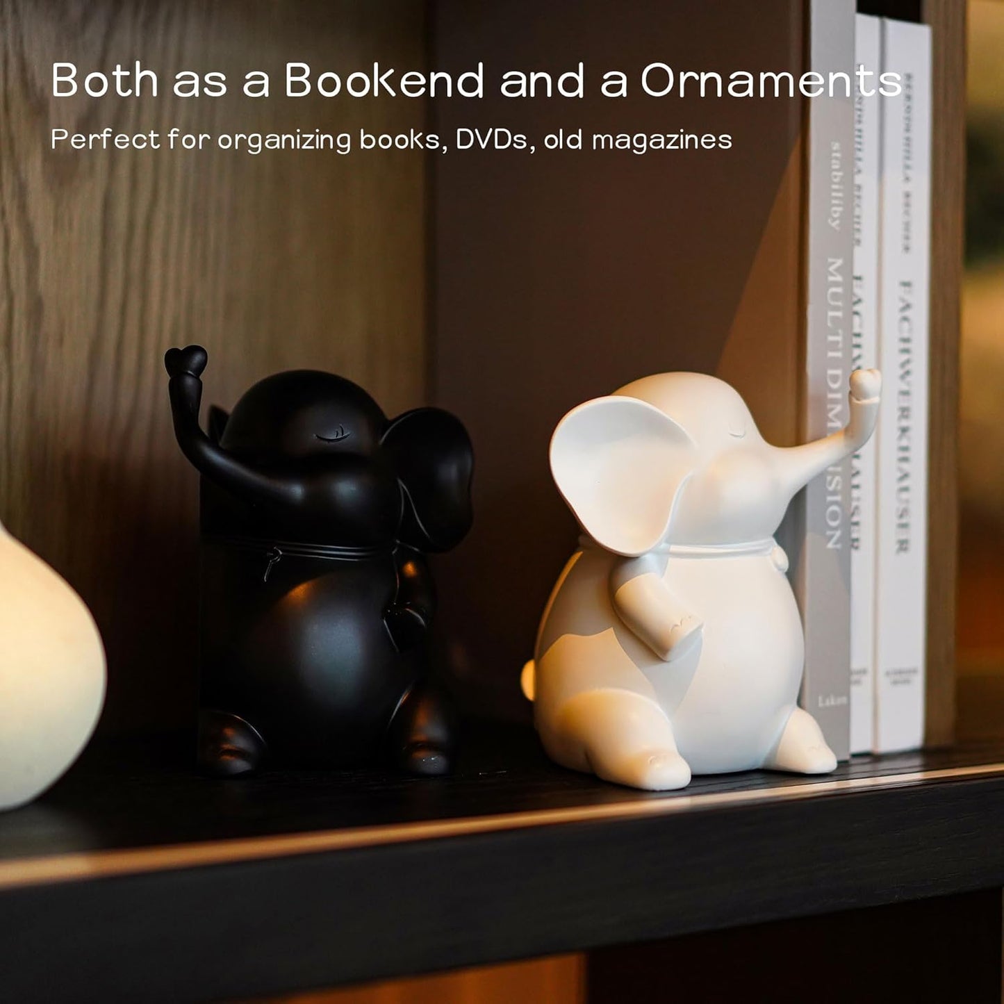 5" YU FENG Adorable Elephant Bookends in Black&White Resin Unique Cute Book Ends for Home Bedroom Desk Bookshelf
