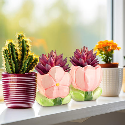 Ninehaoou 2 Pcs Pink Flower Ceramic Pen Holder Cute Tulip Pencil Holder Aesthetic Flower Makeup Brush Vase Decorative Desktop Organizer Birthday Gift for Women Office Home Wedding Party Decor