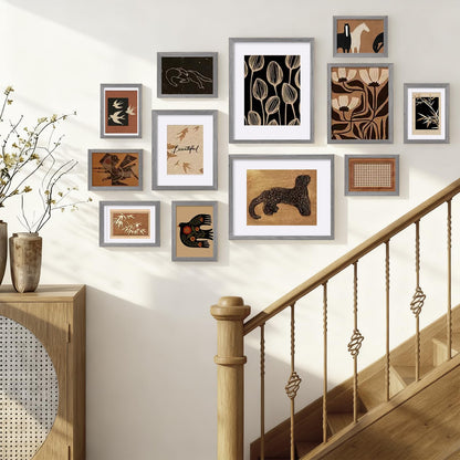 Egofine Picture Frame Set 12 Pack, Picture Frames Collage Wall Decor with Two 11x14, Two 8x10, Four 5x7, Four 4x6 for Wall and Tabletop, Made of Solid Wood, Covered by Plexiglass, Oak Grey