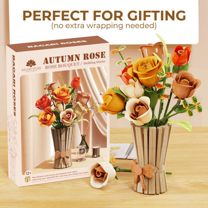 Bagari Roses Bouquet Building Set - Artificial Flowers Building Blocks with Vase, Compatible with Lego Kit for Adults - Collection for Home Office Decor Gifts for Women Men Birthday Anniversary 868PCS