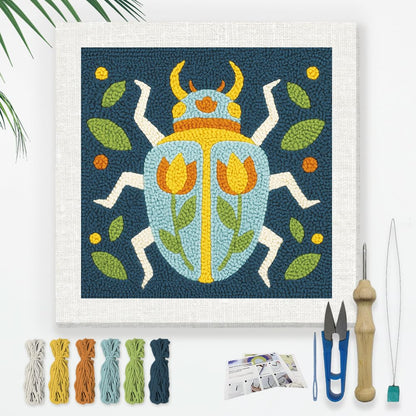 Doodlream Beetle DIY Punch Needle Embroidery Kit for Adult Beginner, 9.4" Scarab Flower Animal Punch Stitching Craft Set for Starter with Frame, Fabric Pattern, Threader, Yarn, Pinch Needle