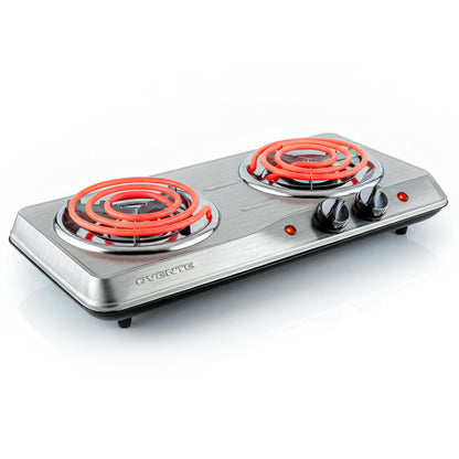 OVENTE Electric Countertop Double Burner, 1700W Cooktop with 6" and 5.75" Stainless Steel Coil Hot Plates, 5 Level Temperature Control, Indicator Lights and Easy to Clean Cooking Stove, Silver BGC102S