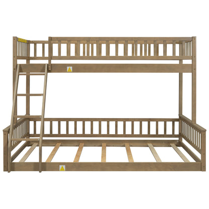 Merax Twin XL Over Queen Floor Bunk Bed with Ladder and Guardrails, Bedroom Wood Bunk Bed Frame for Kids/Teens/Youths/Adults, Space Saving & Noise Free, No Box Spring Needed, Walnut Brown