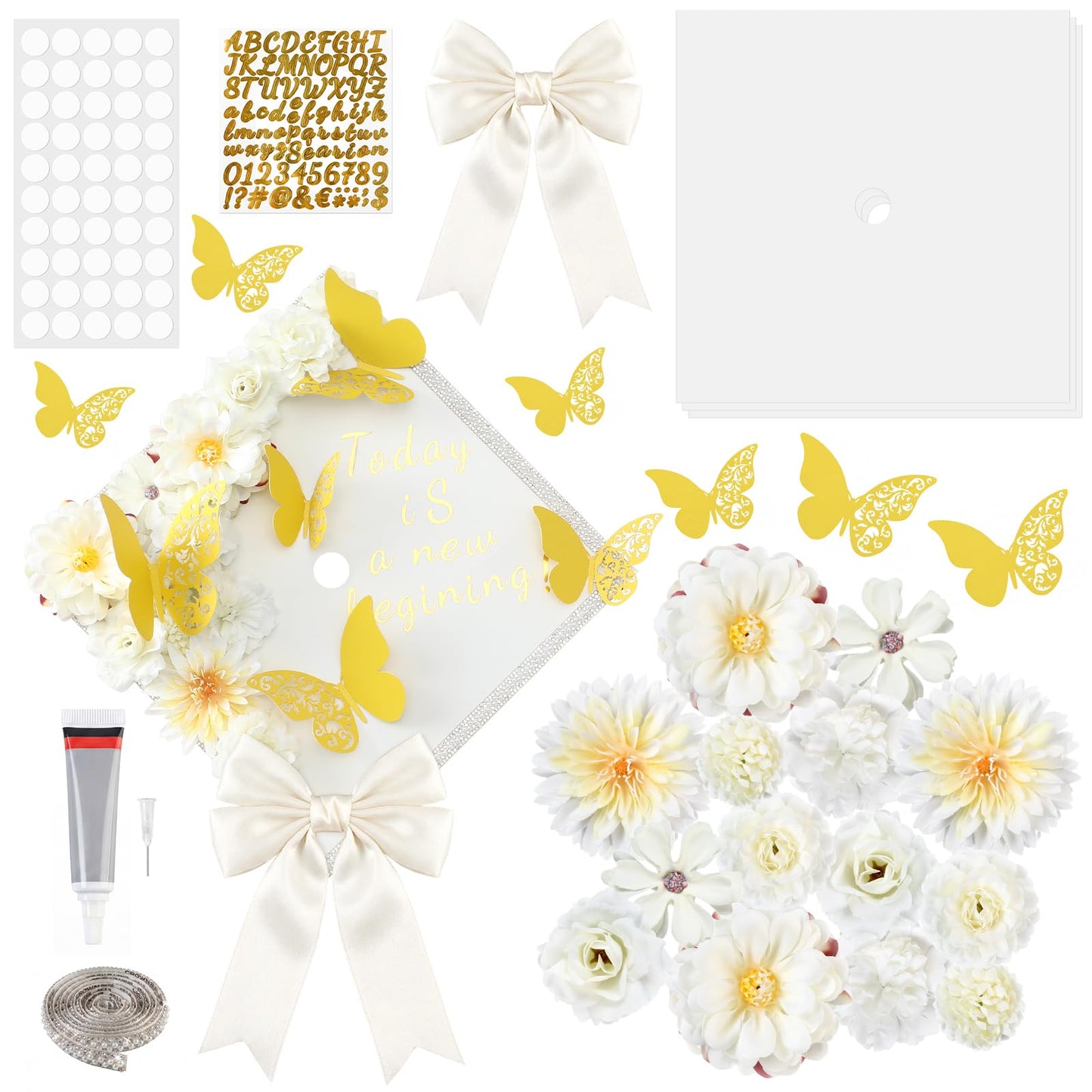 Vicenpal 29 Pcs Graduation Cap Decorations Kit DIY Grad Construction Paper with Artificial Flower Pearl Rhinestone Ribbon 3D Butterfly Alphabet Letter Stickers Satin Bow for Grad Cap DIY(Cream)