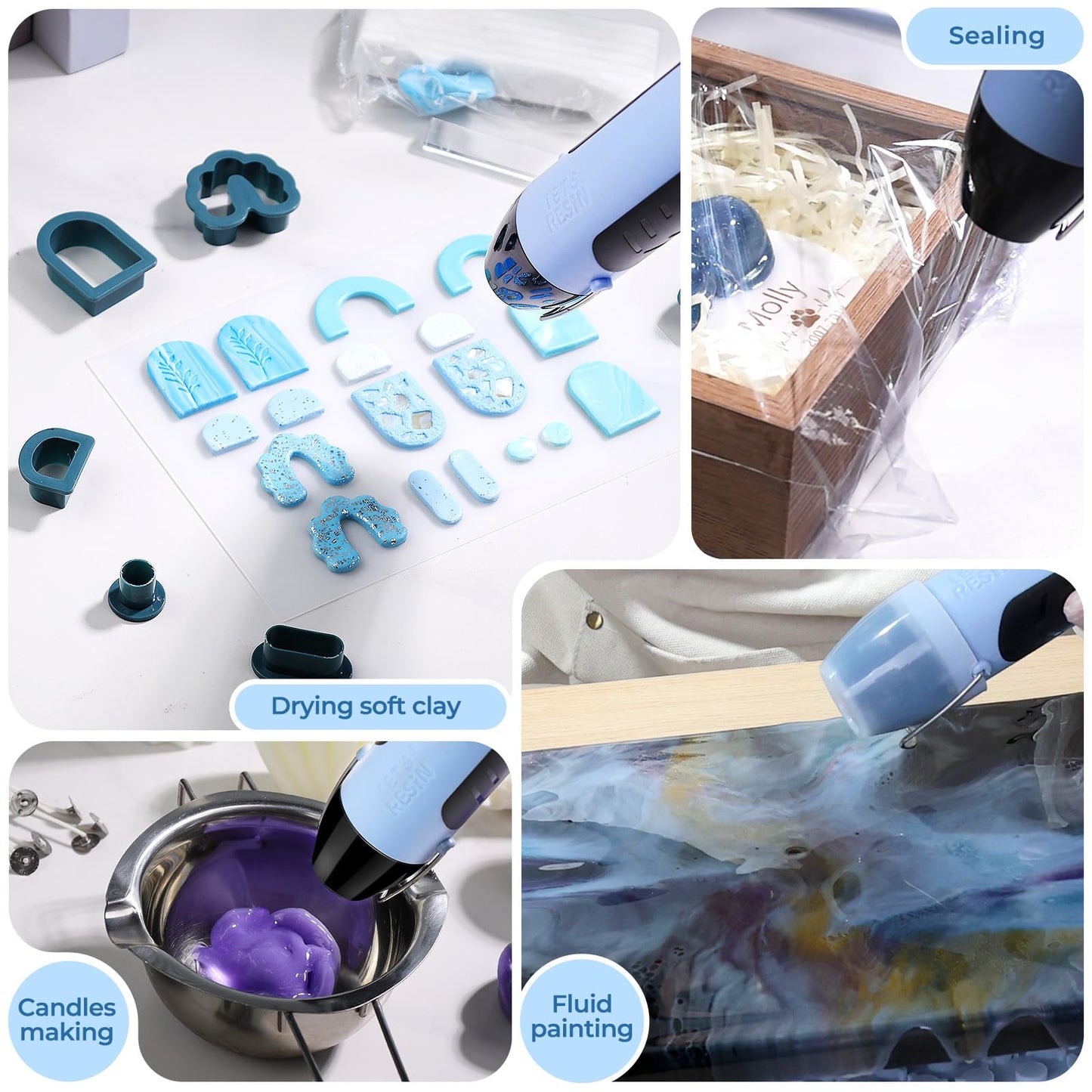 LET’S Resin Heat Gun for Crafting, 350W Fast Heat Dual Temp Hot Air Gun (482°F~752°F), Multiple Nozzles,Silicone Covers for Easy Cleaning, 4.9Ft Cable Mini Heat Gun,for Resin,Shrink Tubing,Vinyl Wrap
