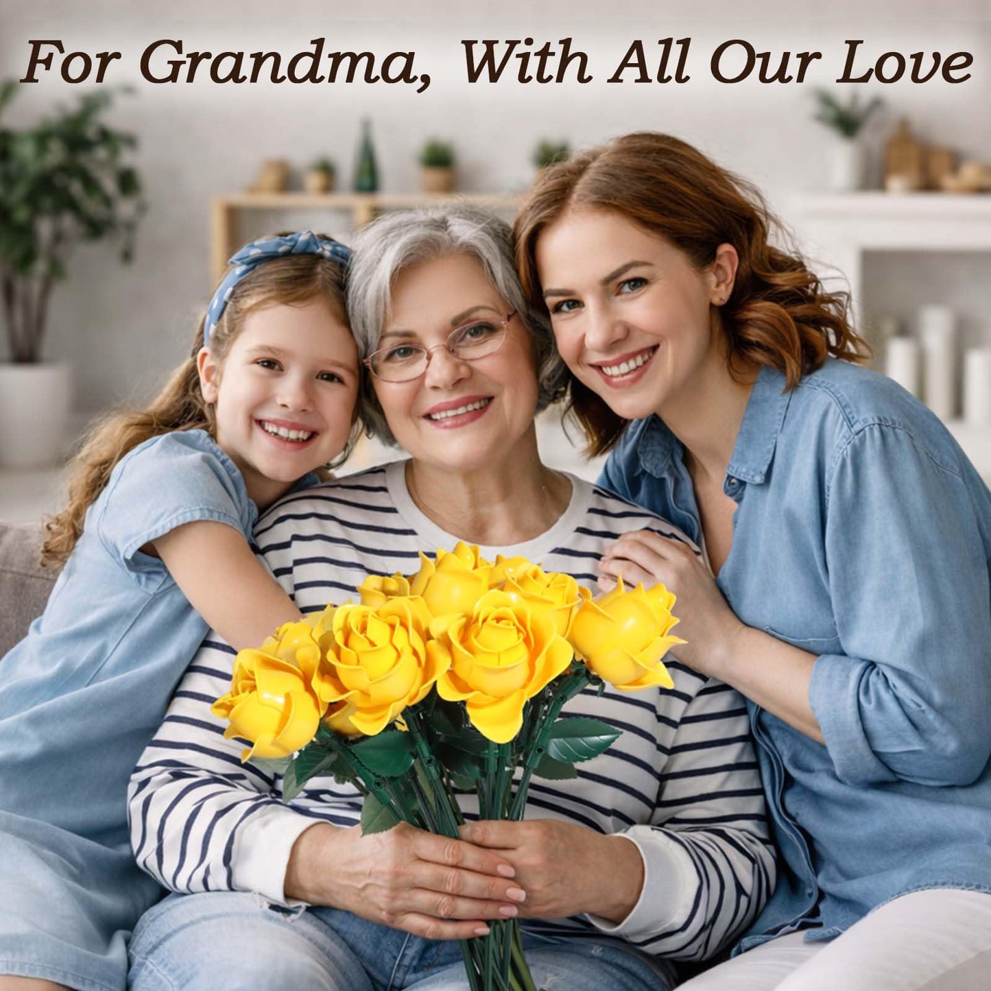 HAYXUN 12 Yellow Roses Building Block Bouquet Set, 585 Pieces Artificial Botanical Kit, Unique for Mom & Grandma, Everlasting Floral Home Decor