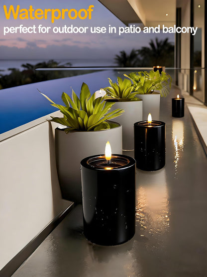 Gmnee 3"x4" Outdoor Waterproof Flameless Candles with Remote and Timers, LED Candles, Battery Operated Candles, Electric Fake Pillar Candles for Patio, Porch, and Lanterns Decor (Black, Plastic)