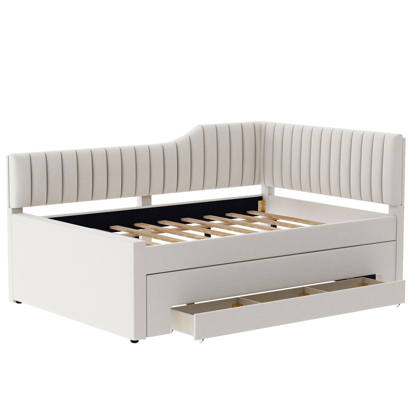 Merax Full Size Upholstered Wood Daybed Extendable Sofa Bed with Trundle and Three Storage Drawers for Living Room Guest Room, Beige