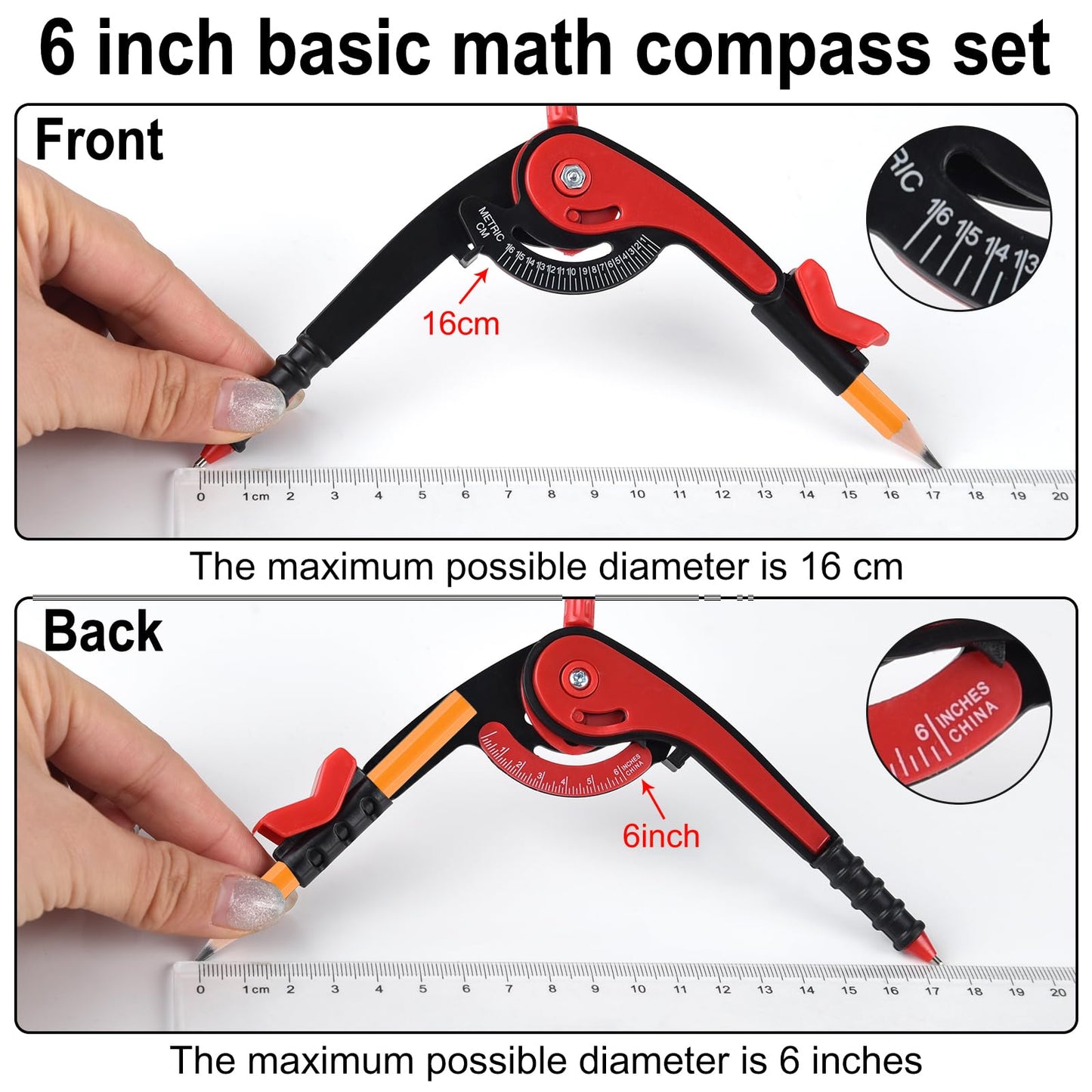36 Packs Math Geometry Compass Bulk 6 Inch Colorful Basic Precision Tool for Student Plastic Scale Alarm Drawing Compass with Pencils for Drafing Office Home School Supplies (36)