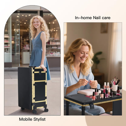 Portable Nail Desk for Nail Tech, Foldable Manicure Table with 3 Drawers & Mirror, Rolling Nail Table with Lockable Train Case, Nail Polish Organizer, Mobile Nail Tech Workstation with Wheels, Golden