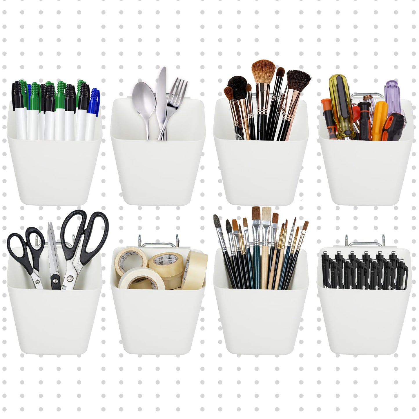 FIMXSD 8 Pack Large Pegboard Bins with Hooks, Square Box Shape Peg Board Cups and Peg Board Accessories for Craft Room, Playroom, Office, Garage, and Wall Mount Organization (White)