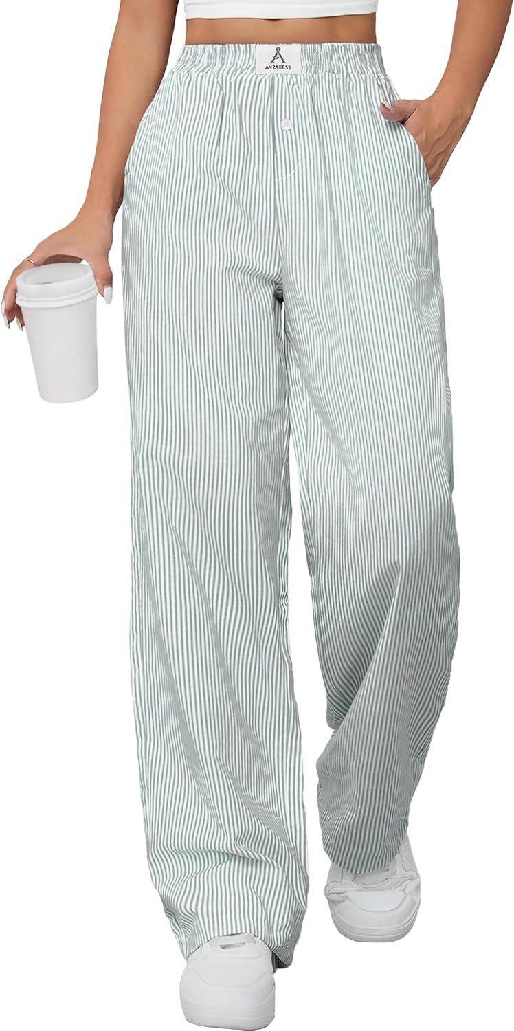 ANRABESS Womens Striped Gingham Pants 2025 Pajama Lounge Boxer Pants Cute Comfy PJ Bottoms with Pockets Y2K Plaid Outfits