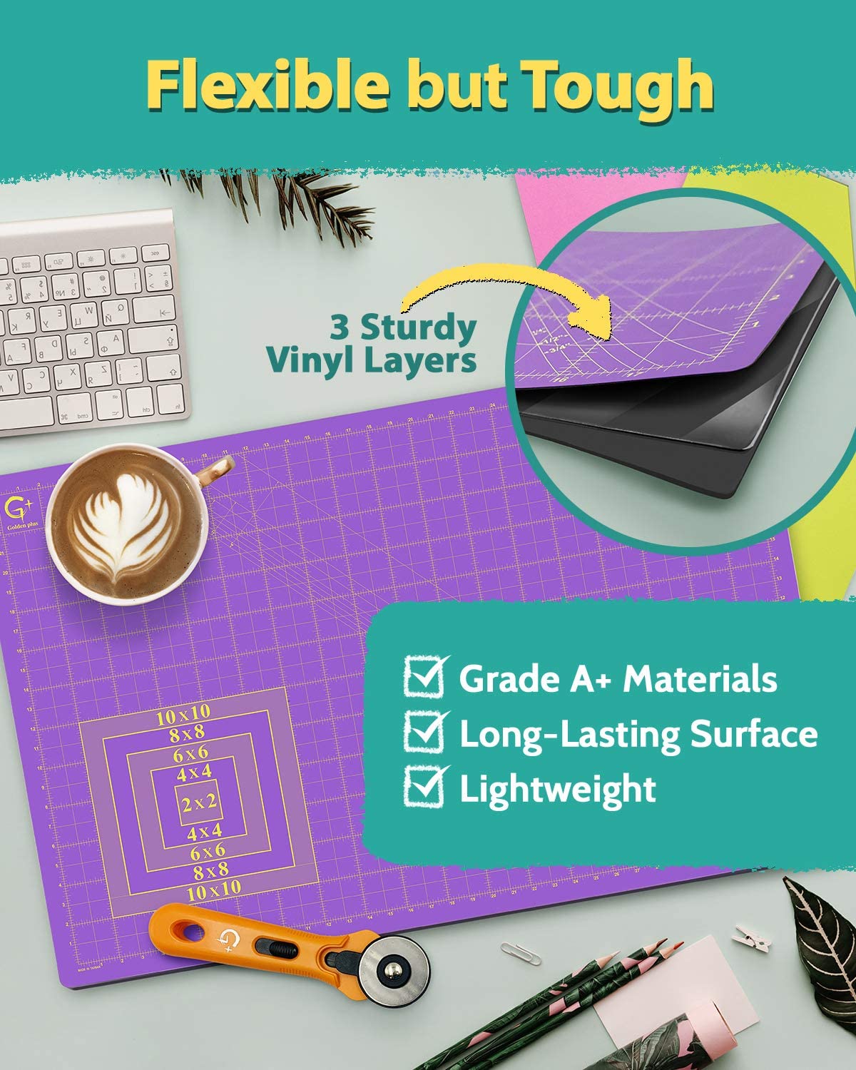 G+ Self-Healing Cutting Mat - True A4 9 x 12" (9 x 13" Full) Inches Purple/Black ; Self-Healing Double-Sided Durable Non-Slip Cutting Board for Crafts, Sewing, Fabric, Modeling and All Arts Projects