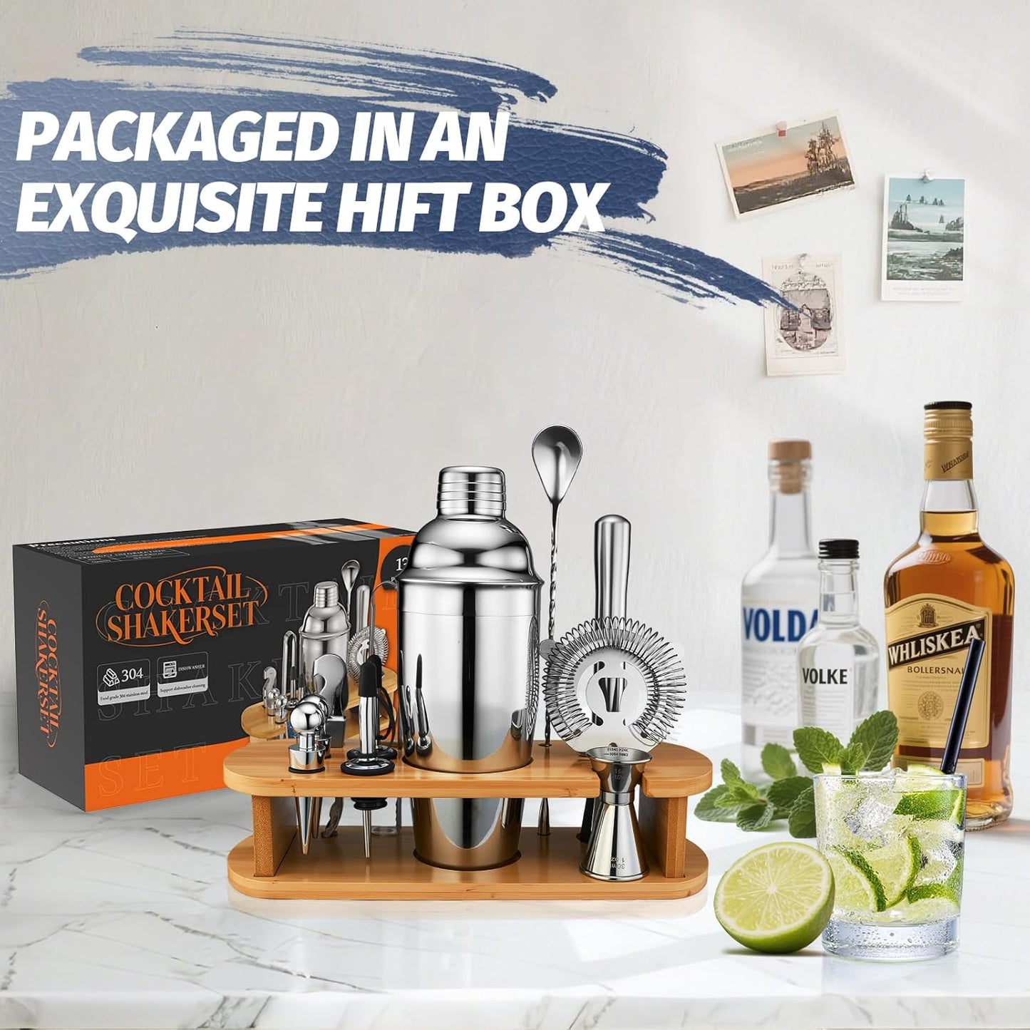 Set 13-Pcs Set 25oz Cocktail Shaker Bartender Kit: Bar Tools with Bamboo Stand, Essential Bar Accessories for Home: