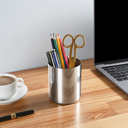 Silver Pen Holder for Desk, SUS304 Stainless Steel Heavy Duty Pen Holder Stand,Cylinder Pencil Holder,Desktop Stationery Organizer