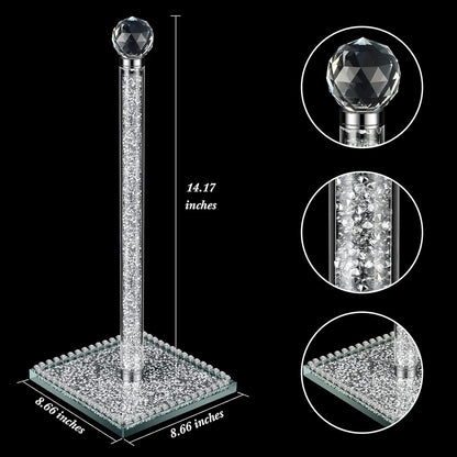 13 Inch Silver Crystal Standing Paper Towel Roll Holder, Square Base Standing Paper Towel Stand with Sparkly Crystal