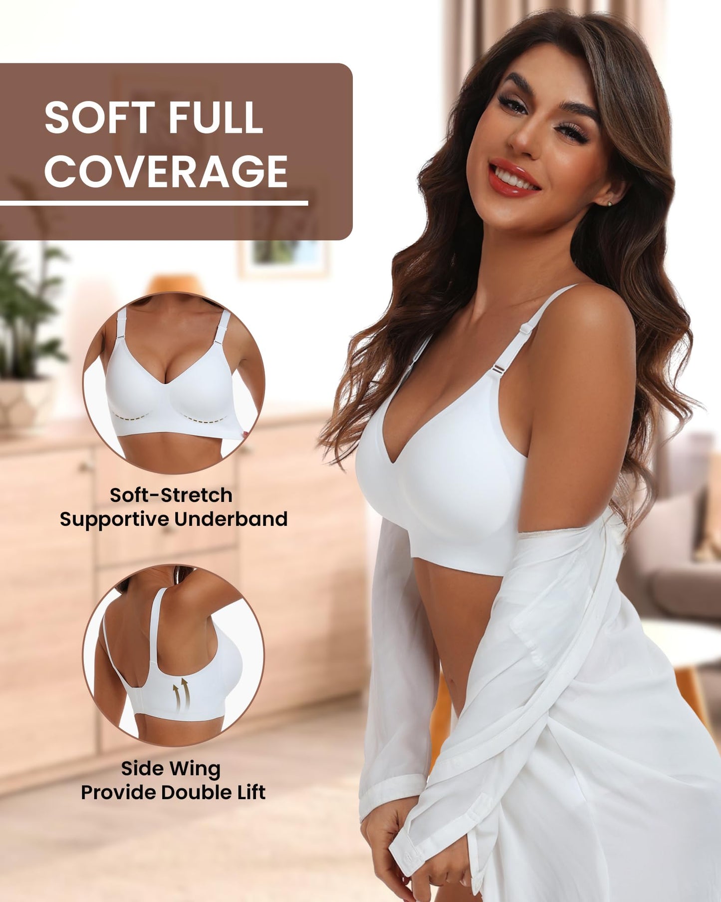 HORISUN Comfortable Bras for Women Supportive Wireless Bra Full Coverage(White S)