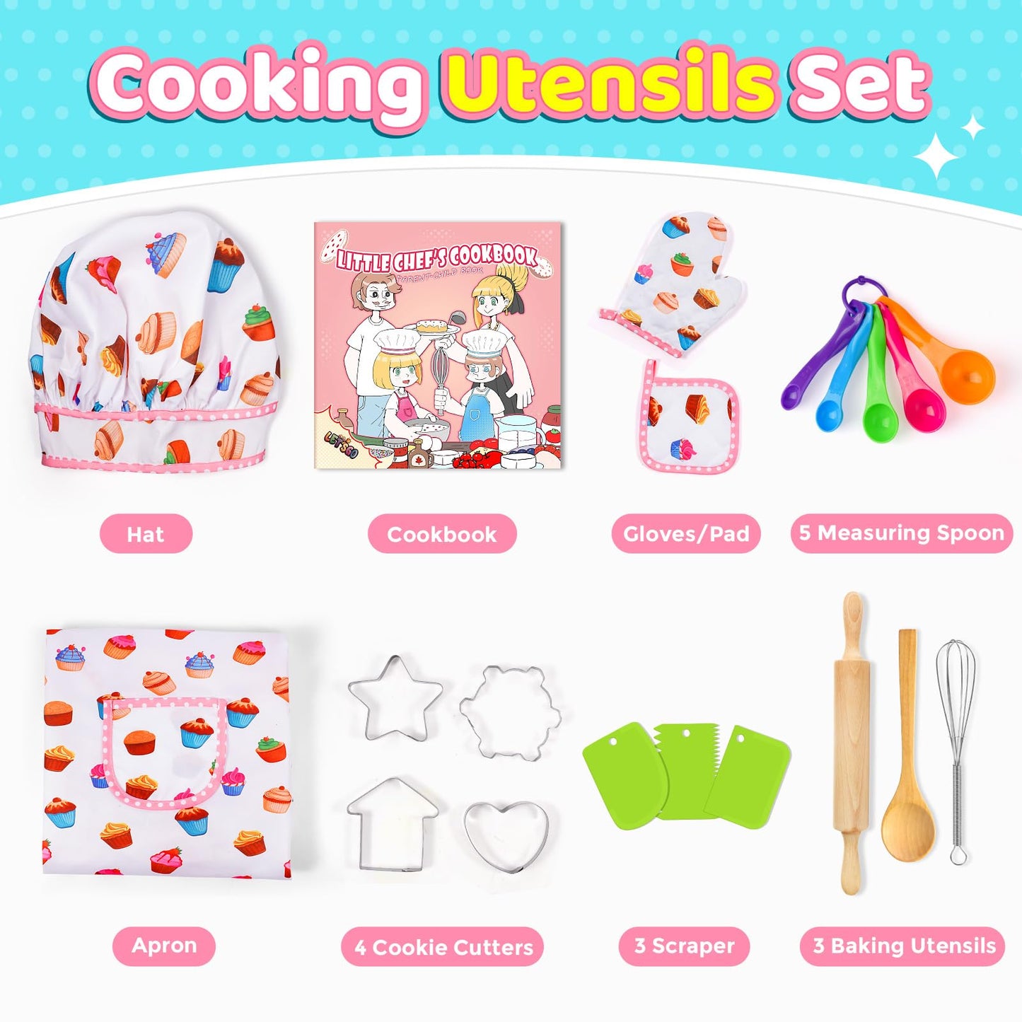 Toyze Birthday Gifts for 3-8 Year Old Girls Cute Stuff Apron for Girls Kids Cooking Sets Toddler Toys Kids Chef Hat and Apron Easter Christmas Stocking Stuffers White-with Cookbook