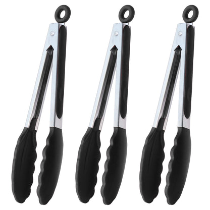 HINMAY Serving Tongs 9-Inch Cooking Tongs with Silicone Tips, Set of 3 (Black)