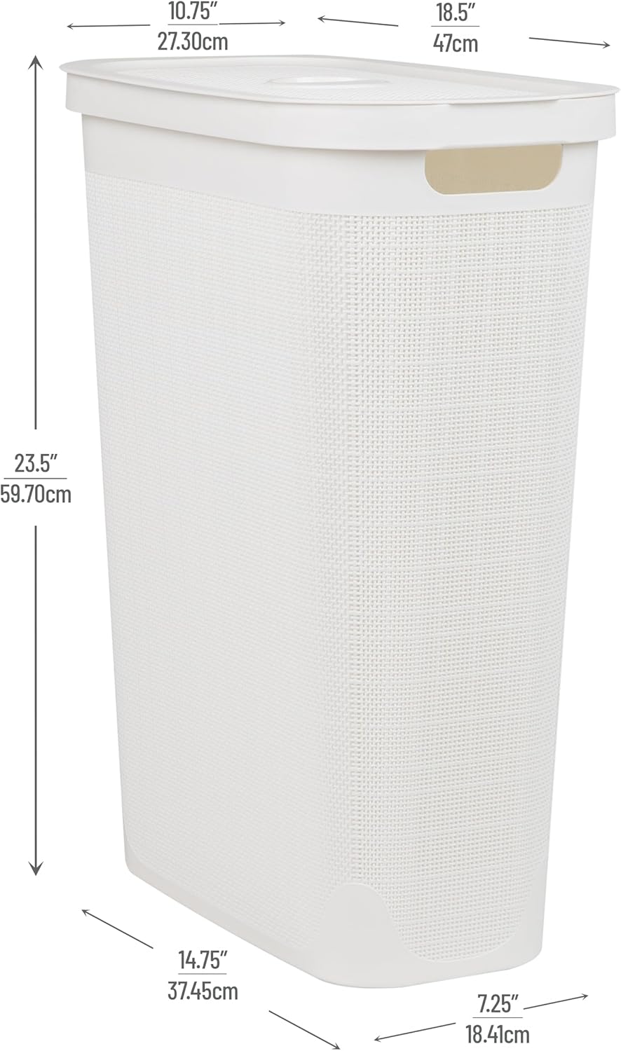 Mind Reader 40L Slim Laundry Hamper - Clothes Basket with Lid, Linen Design, Plastic, 18.5”L x 10.75”W x 23.5”H