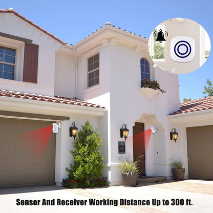 Motion Sensor Alarm, Long Range Wireless Driveway Alarm, Indoor Home Security System Electric Doorbells, 4 Motion Detector and 2 Alarm, 38 Chime Tunes, LED Indicator