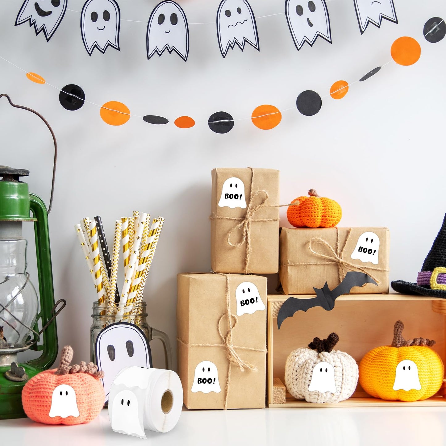 Whaline Halloween Ghost Direct Thermal Labels Cute White Ghost Label Stickers Self-Adhesive Printer Decals for DIY Candle Name Tag Logo Design, 500 Pcs