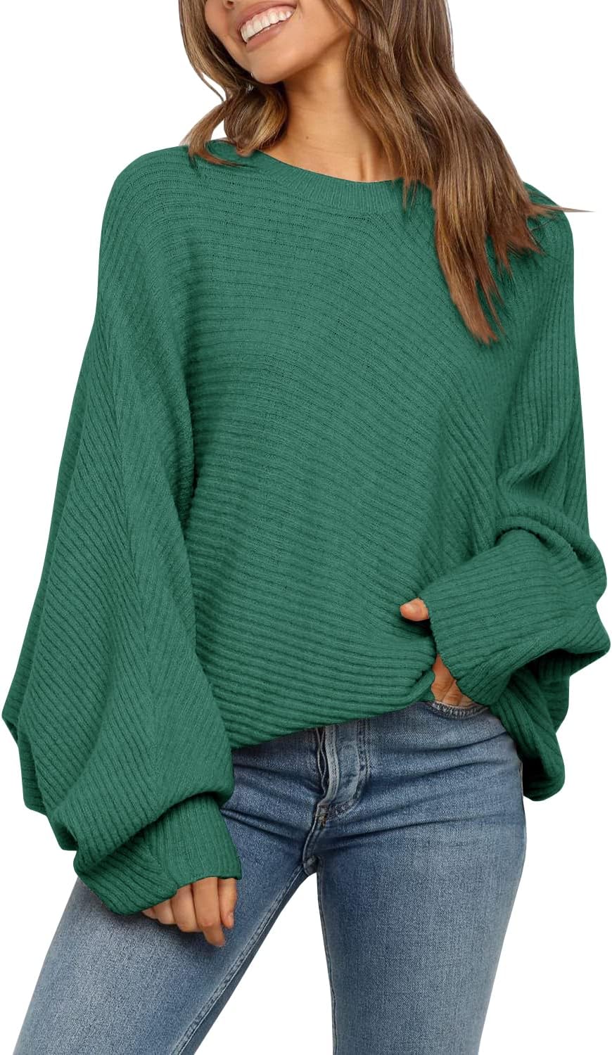 Mafulus Women's Oversized Crewneck Sweater Batwing Puff Long Sleeve Cable Slouchy Pullover Jumper Tops