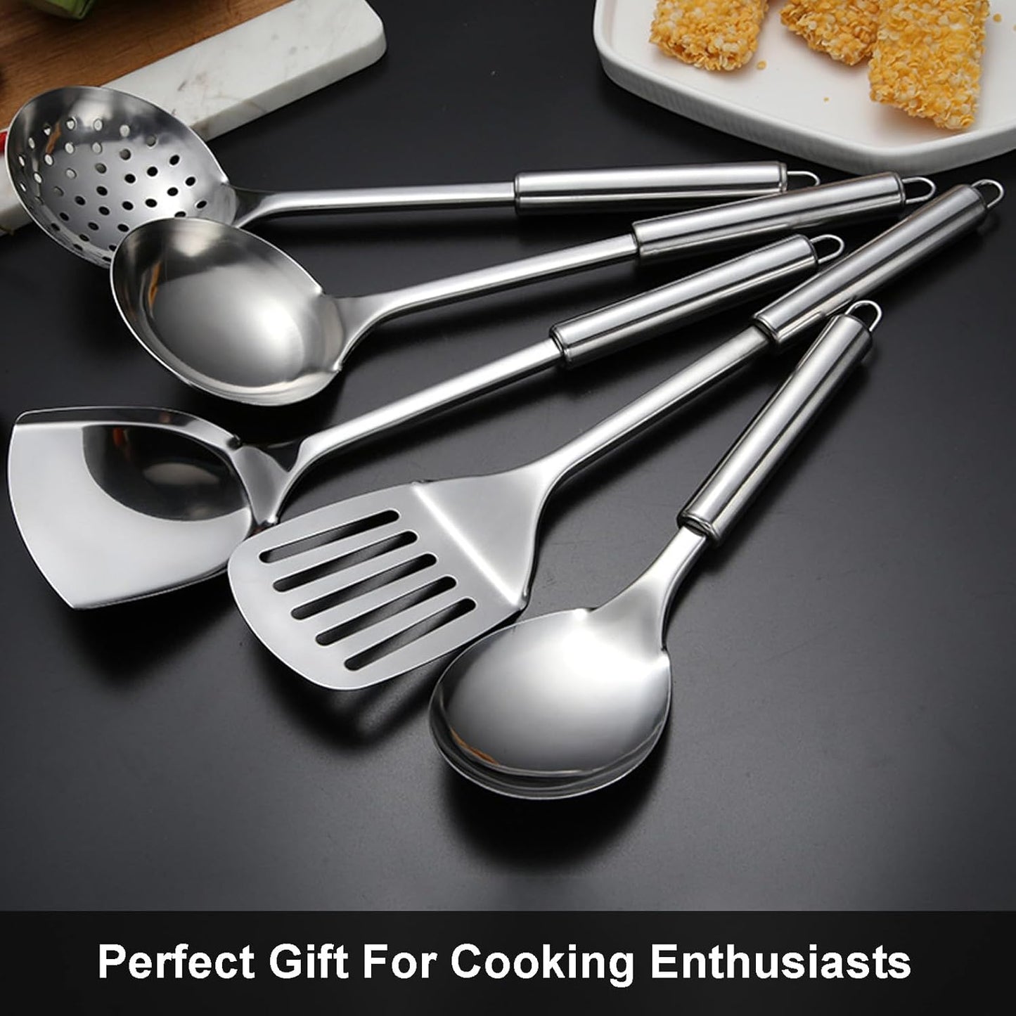 Stainless Steel 5-Piece Utensil Set: Heat Resistant Cooking Tools, Slotted Spoon, Spatula, Large Spoon