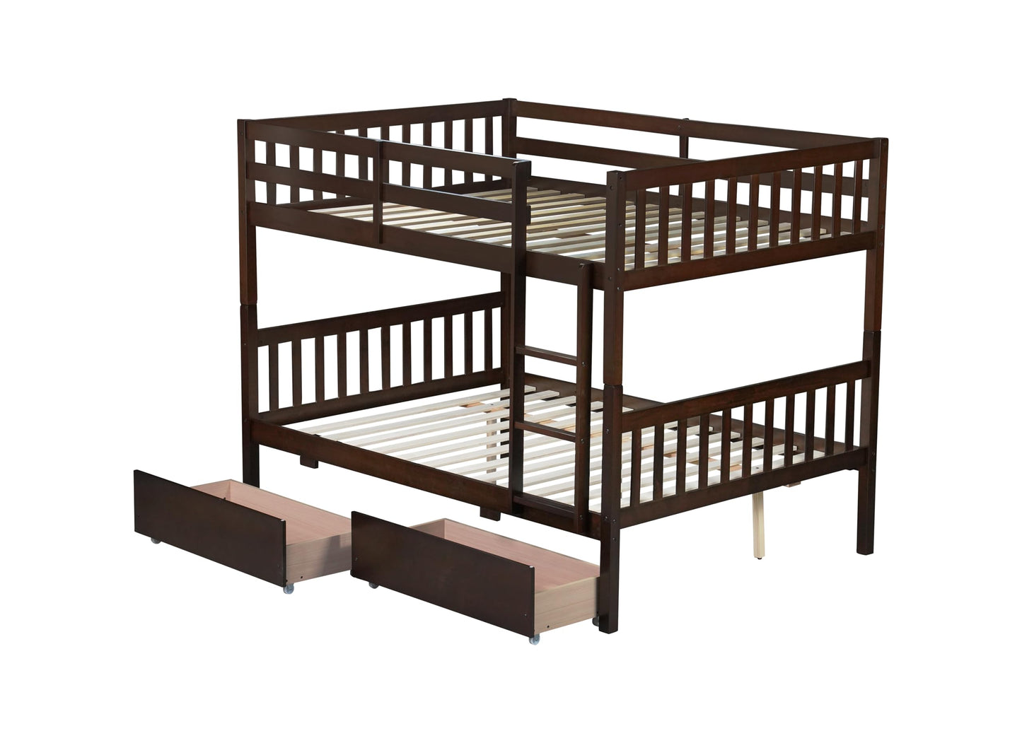 PVWIIK Full Over Full Wood Bunk Bed with 2 Drawers & Ladder for Adult Teenagers Kids Bedroom Dorm Guest Room,Convertible into 2 Full Beds Frame/Under Bed Space/No Box Spring Required,Espresso