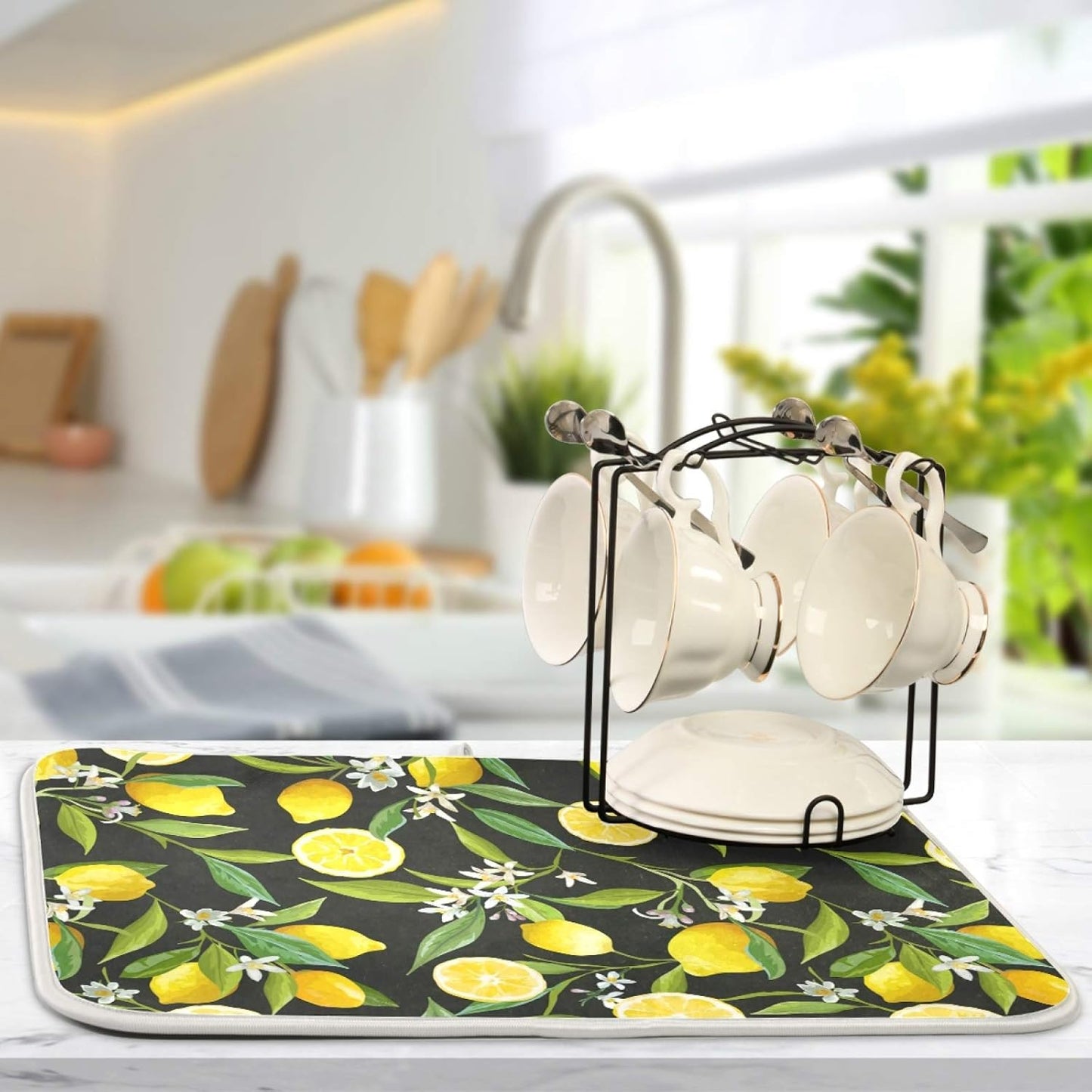 ALAZA Yellow Lemon on Black Dish Drying Mat, Absorbent Microfiber Large Drying Pad for Kitchen Counter