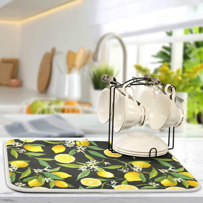 ALAZA Yellow Lemon on Black Dish Drying Mat, Absorbent Microfiber Large Drying Pad for Kitchen Counter