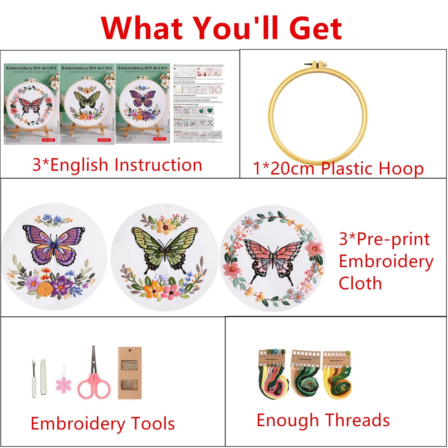 Mozzyyee 3 Sets Embroidery Starter Kit for Beginners Adults Include 3 Embroidery Clothes with Instructions Hoops Floss Thread Fabric Needles (Butterfly)