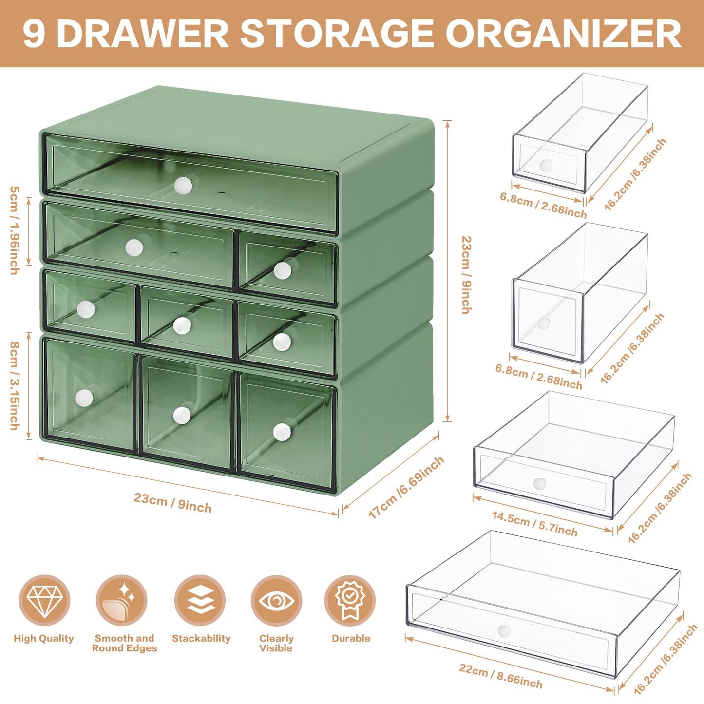 FODIENS Desk Storage Organizer with 9 Drawers, 4 Tiers Stackable Desktop Craft Storage Drawers, Clear Storage Box Caddy for Stationary Makeup Jewelry Office Craft Supplies (Green)