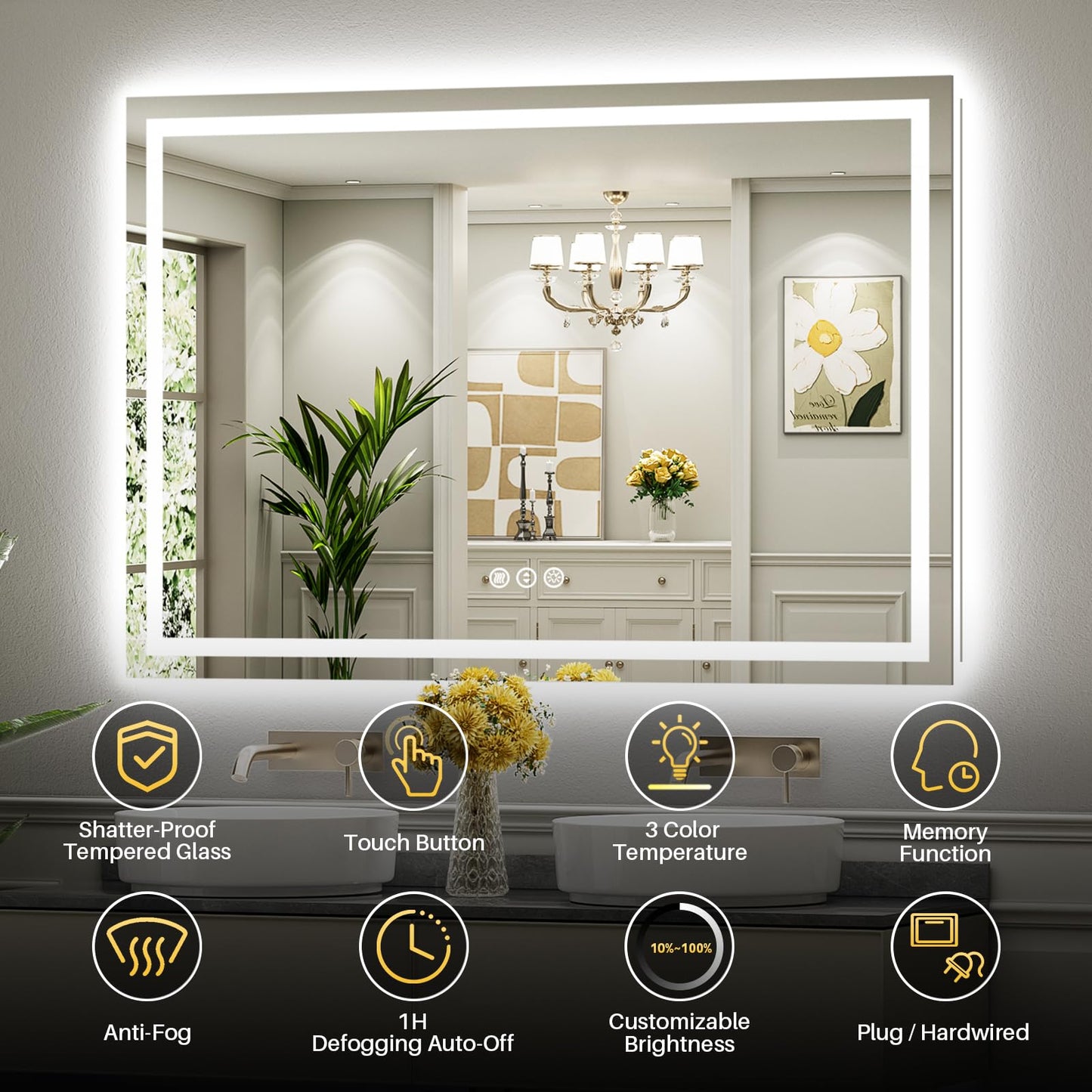 Briivue 60x40 Inch LED Bathroom Mirror with Lights, Backlit & Front Lit, Anti-Fog Lighted Bathroom Vanity Mirror for Wall, Memory Function, Dimmable, HD Tempered Glass, Shatter-Proof