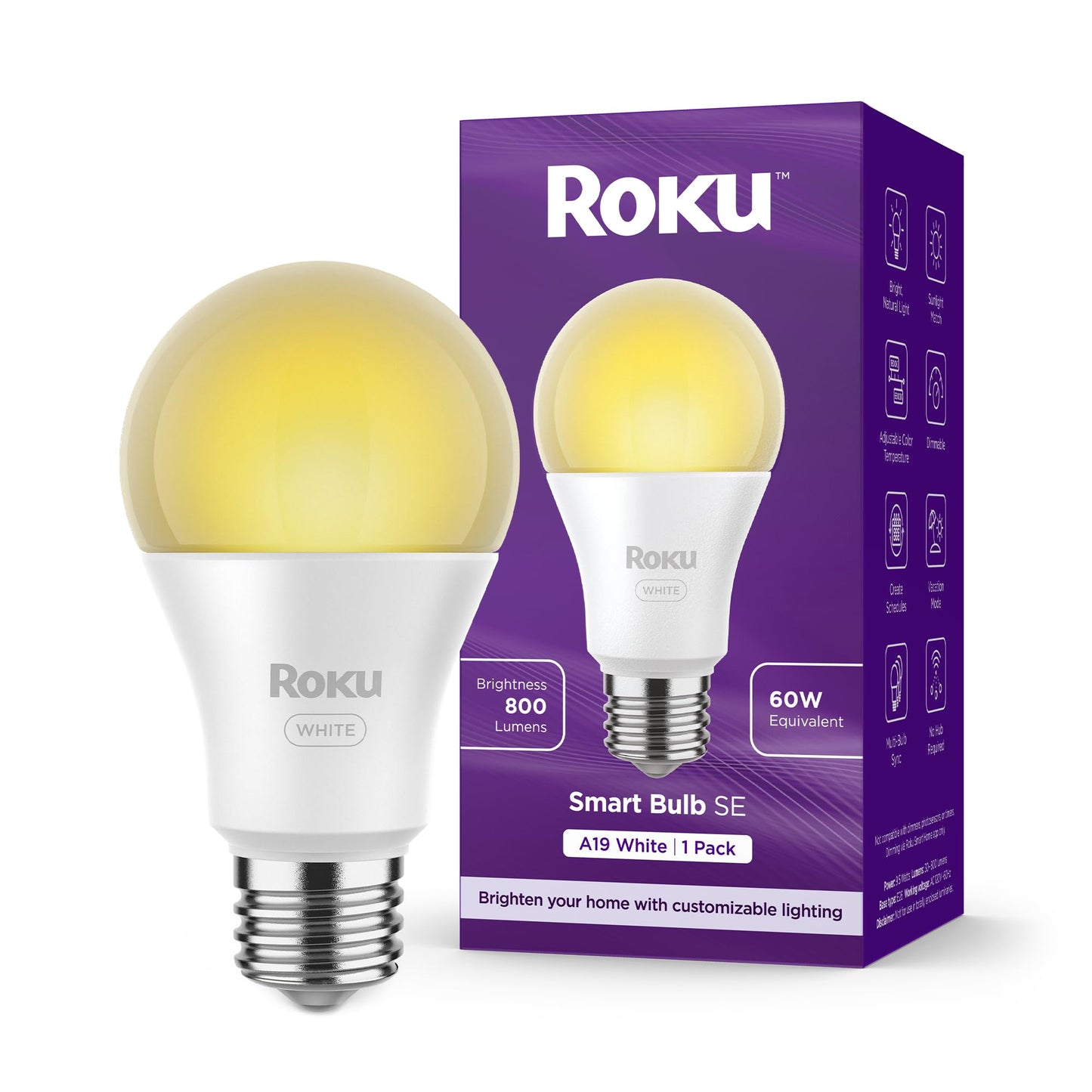 Roku Smart Light Bulbs (White, 4-Pack) - Dimmable A19 Lightbulbs with Adjustable Brightness & Temperature - WiFi Smart Bulbs Works Voice, Alexa & Google Assistant, No Hub Required