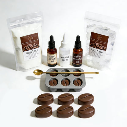 DIY Coffee Soap Making Kit for Beginners, Complete Handmade Craft Set with Coffeebean Molds, Soap Base, Foaming Agent, Sweet Almond Oil, Coffee Fragrance, Gift Ready