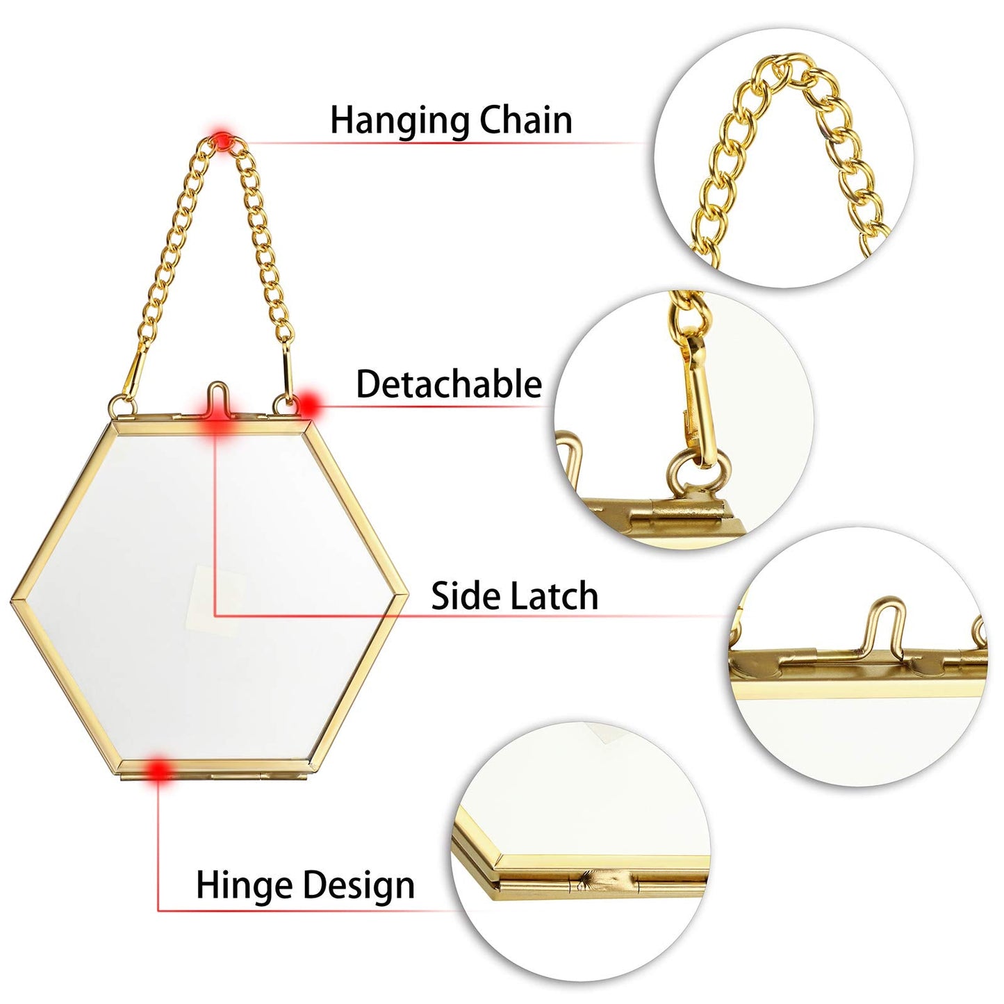 JUXYES 4 Pack Hexagon Mini Wall Hanging Brass Frames for Pressed Flowers, Double Glass Hanging Picture Artwork Display Frame, Gold Floating Style Gallery Wall Frame for Picture, Poster, etc