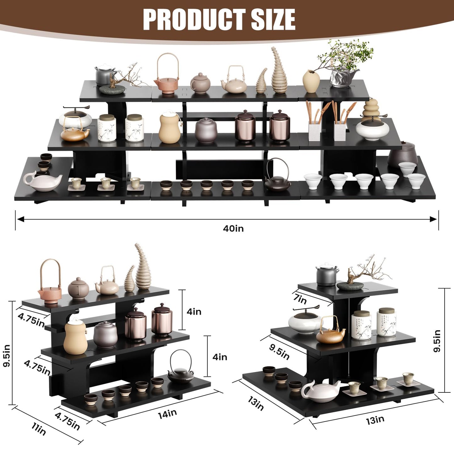 WEITELAI 3 Tier Black Display Shelves for Vendors, PVC Tabletop Stand for Farmers Market, Craft Fairs, Trade Shows and Retail Booths, Portable Rack for Candles, Soap, Jewelry and Jars