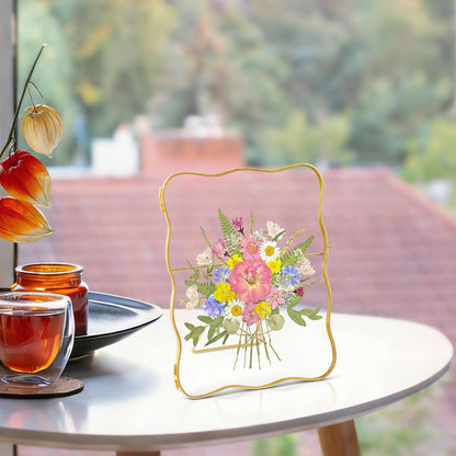 Himitimi Double Glass Frame for Pressed Flowers, 6x8 Inch Handmade Wave Pressed Flower Frame Metal Floating Picture Frame for Tabletop Display DIY Artwork Home Decor(Gold)