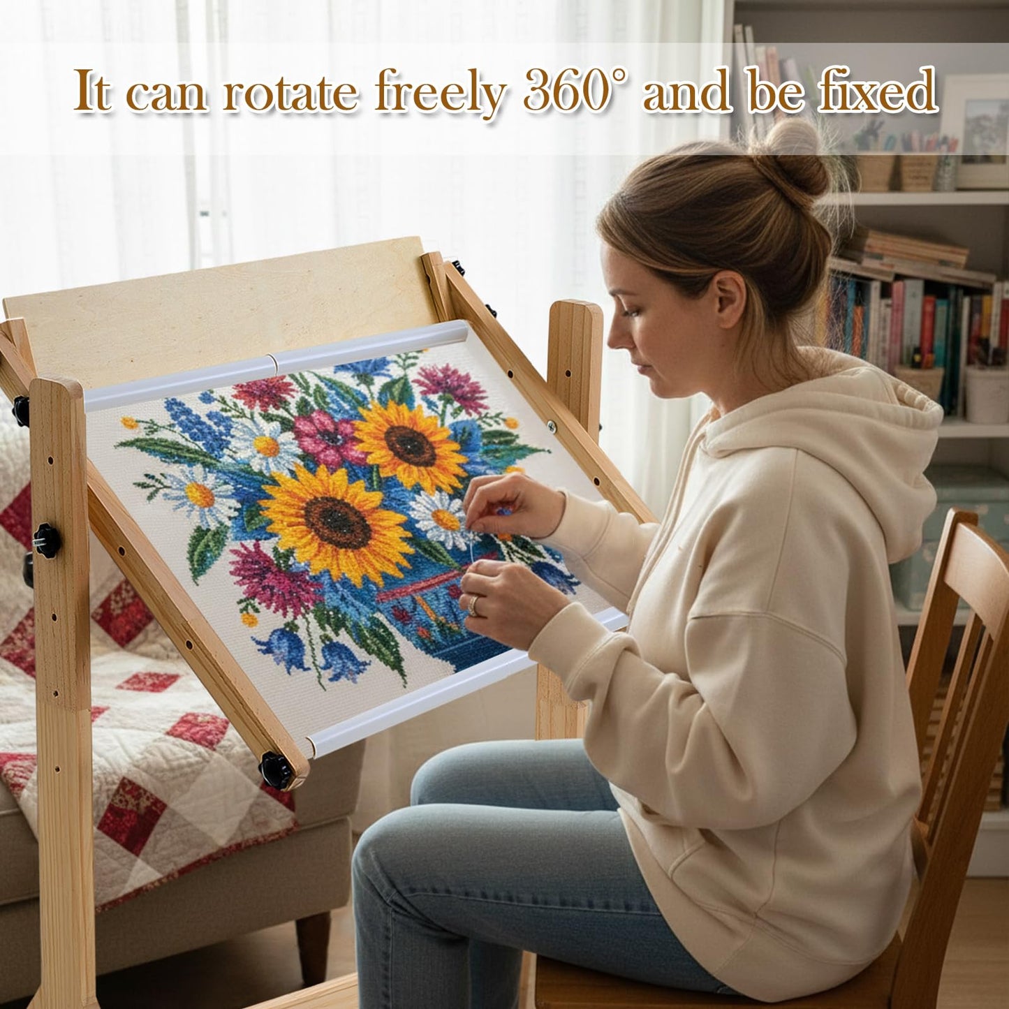 Colingmill Needlework Table and Adjustable Embroidery Stand, Cross Stitch Hoop Stand, Beech Wood Tapestry Cross Stitch Embroidery Frame Holder 21.5 x 16.3 and 44.3 x 16.3
