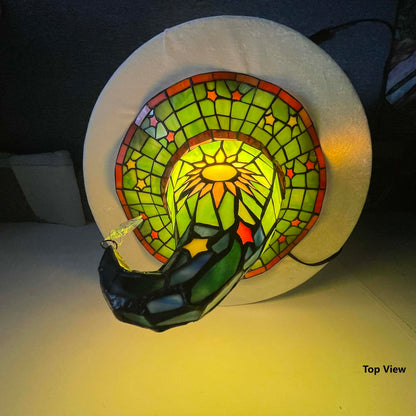 Bieye L13011 Tiffany Style Stained Glass Wizard Hat Table Lamp with Hanging Star, Handcrafted Fantasy Witch Hat Accent Light for Magical Home & Halloween Décor