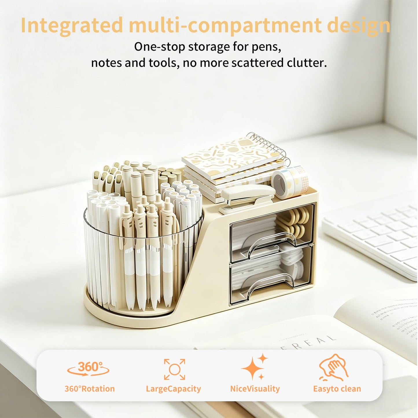 KDYNIX 360 Rotating Makeup Organizer with 2 Drawers, Spinning Cosmetic Brush Holder & Pen Cup, Multi-Purpose Desktop Storage for Bathroom Vanity, Art Supplies, Skincare, Office Desk